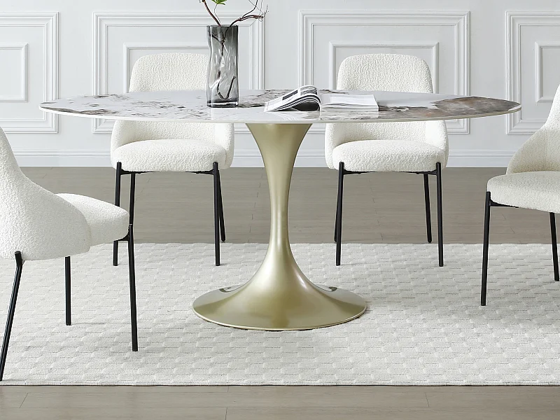 Table à manger 8 personnes en céramique et métal doré - Effet marbre blanc et gris - ELVA de Maison Céphy