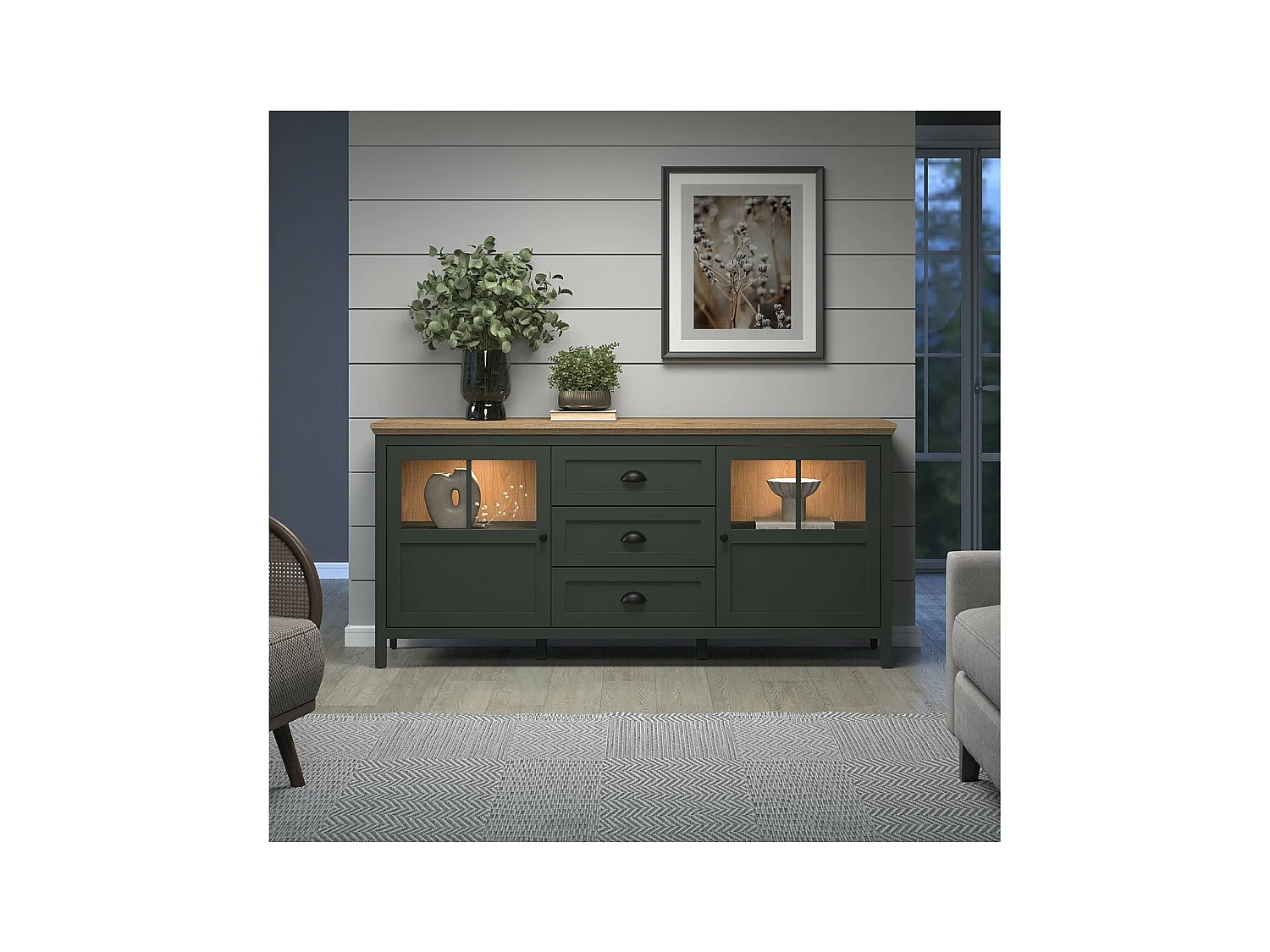 Buffet bas avec éclairage LED inclus, 2 portes et 3 tiroirs L185 cm - Stanton