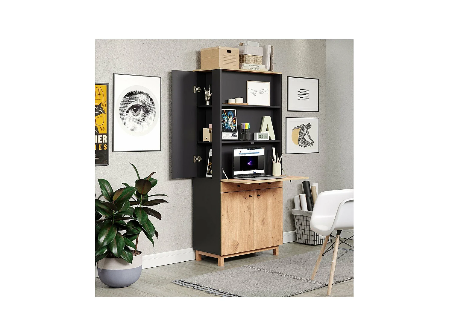 Solution bureau met berging, kantoor aan huis blauw, eik decor.