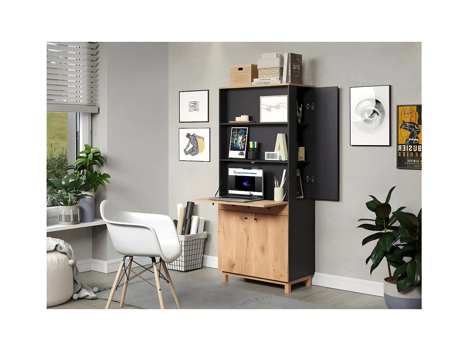 Solution bureau met berging, kantoor aan huis blauw, eik decor.