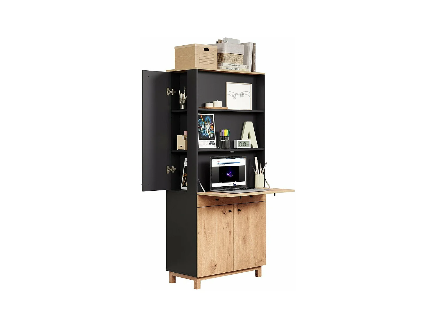 Solution bureau met berging, kantoor aan huis blauw, eik decor.