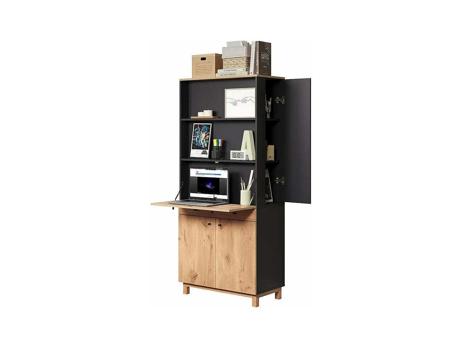 Solution bureau met berging, kantoor aan huis blauw, eik decor.