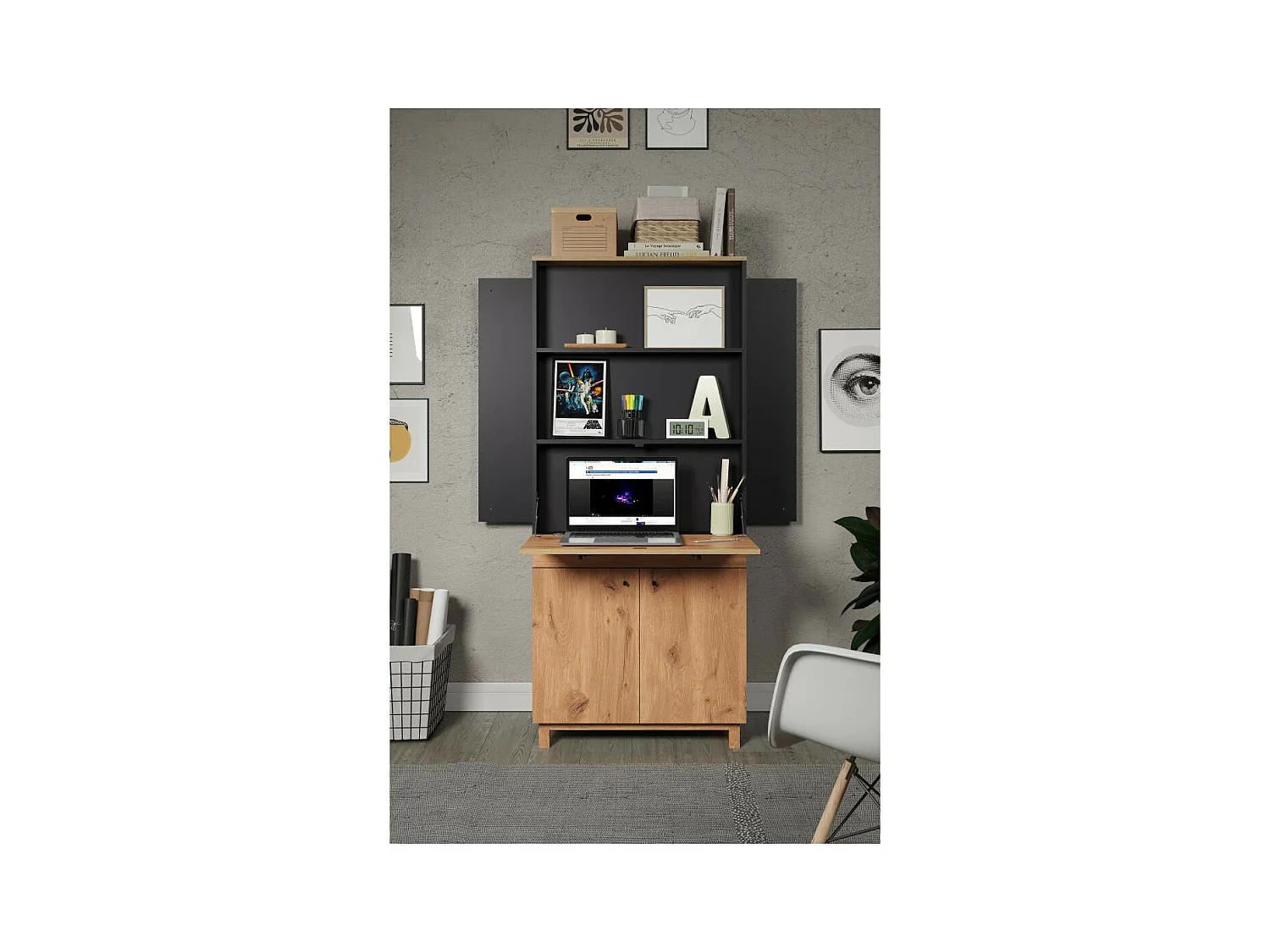 Solution bureau met berging, kantoor aan huis blauw, eik decor.