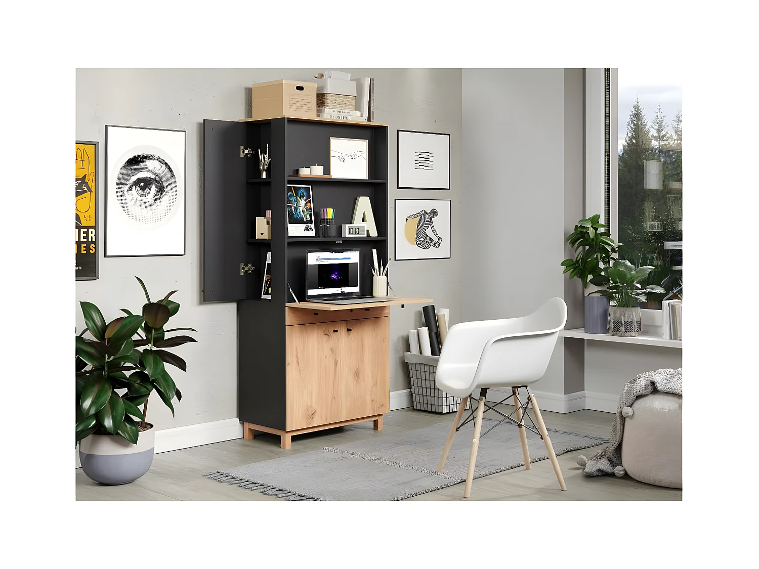 Solution bureau met berging, kantoor aan huis blauw, eik decor.