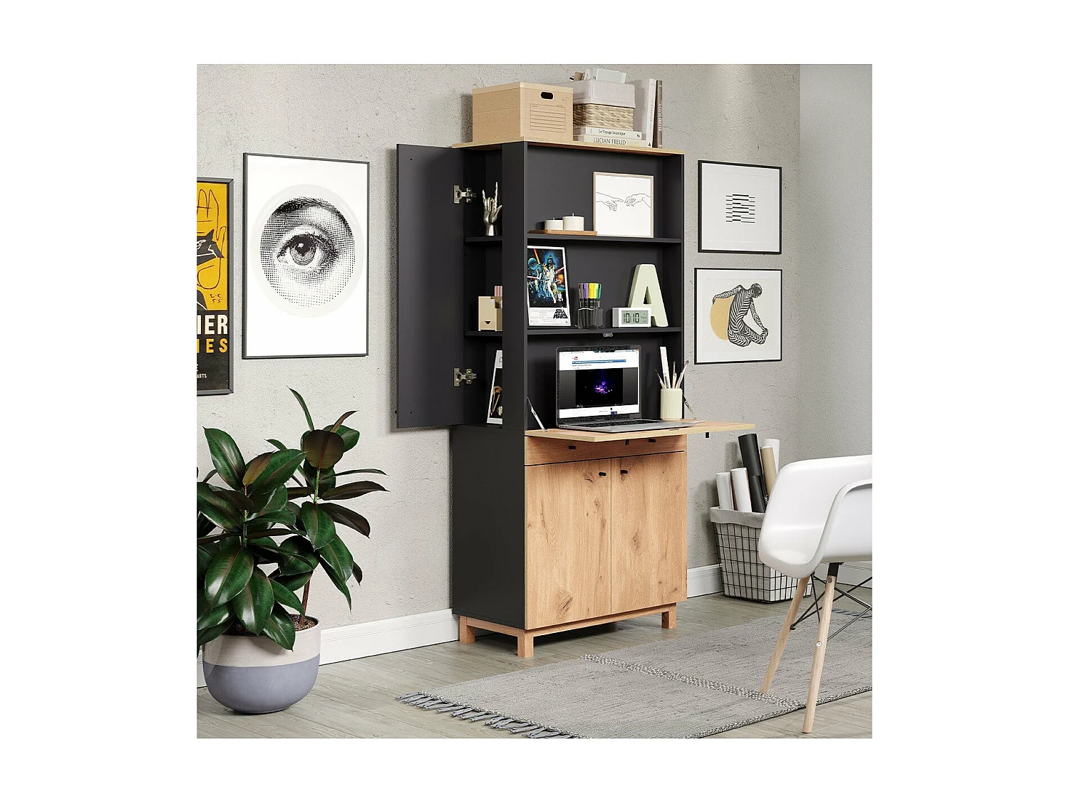 Solution bureau met berging, kantoor aan huis blauw, eik decor.