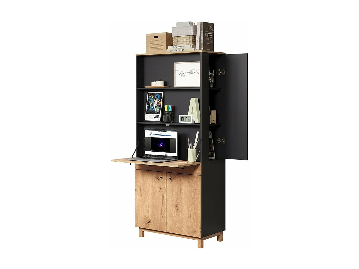 Solution bureau met berging, kantoor aan huis blauw, eik decor.