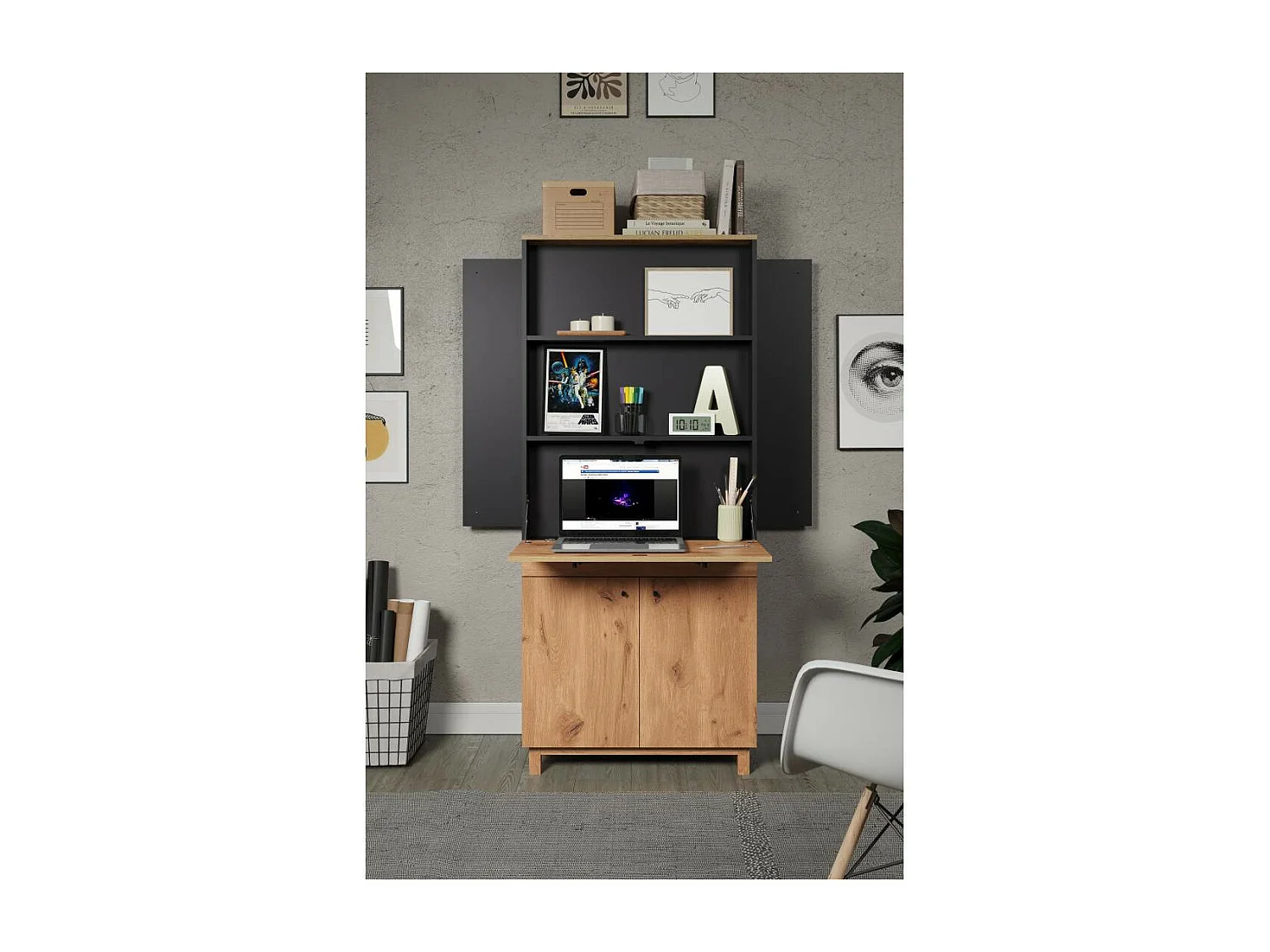 Solution bureau met berging, kantoor aan huis blauw, eik decor.