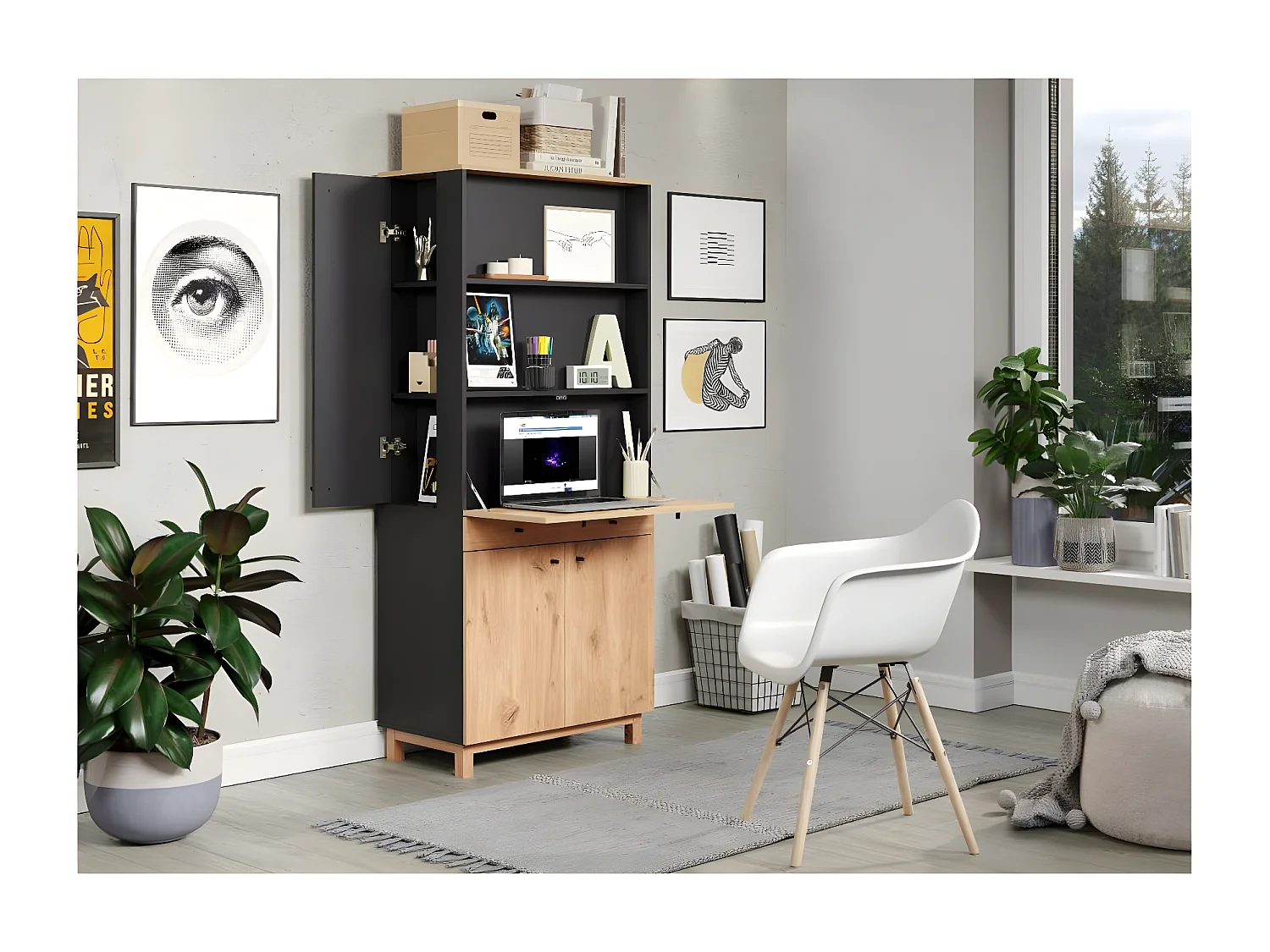 Solution bureau met berging, kantoor aan huis blauw, eik decor.