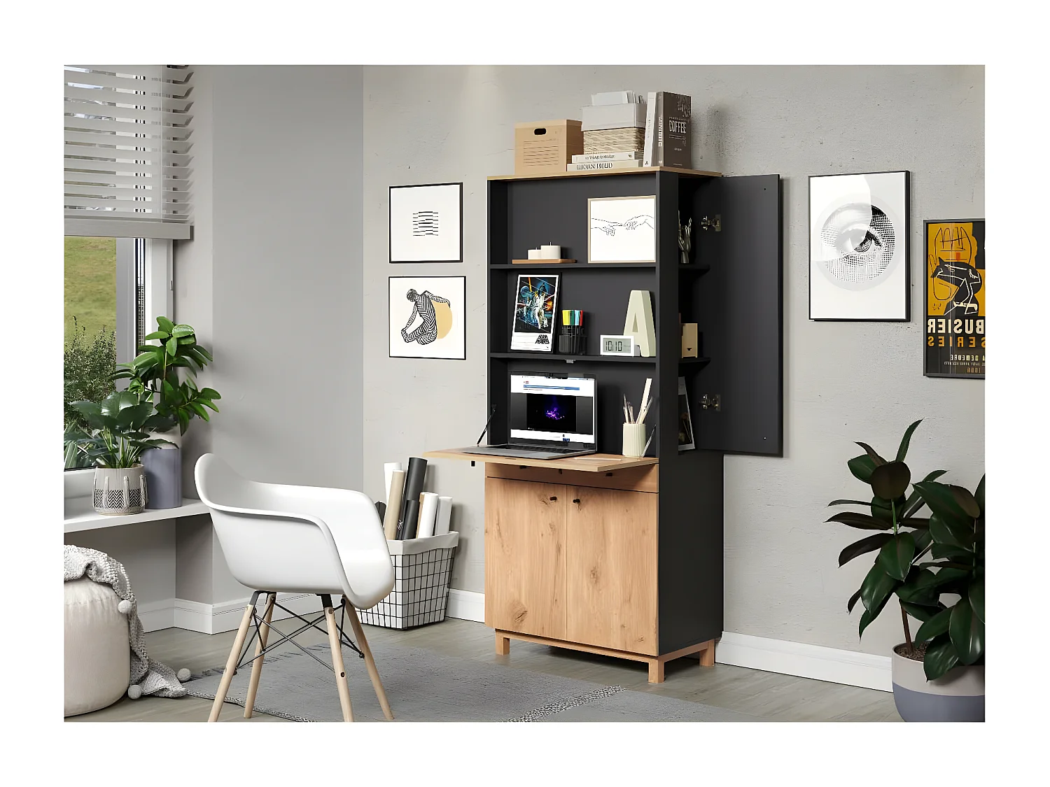 Solution bureau met berging, kantoor aan huis blauw, eik decor.