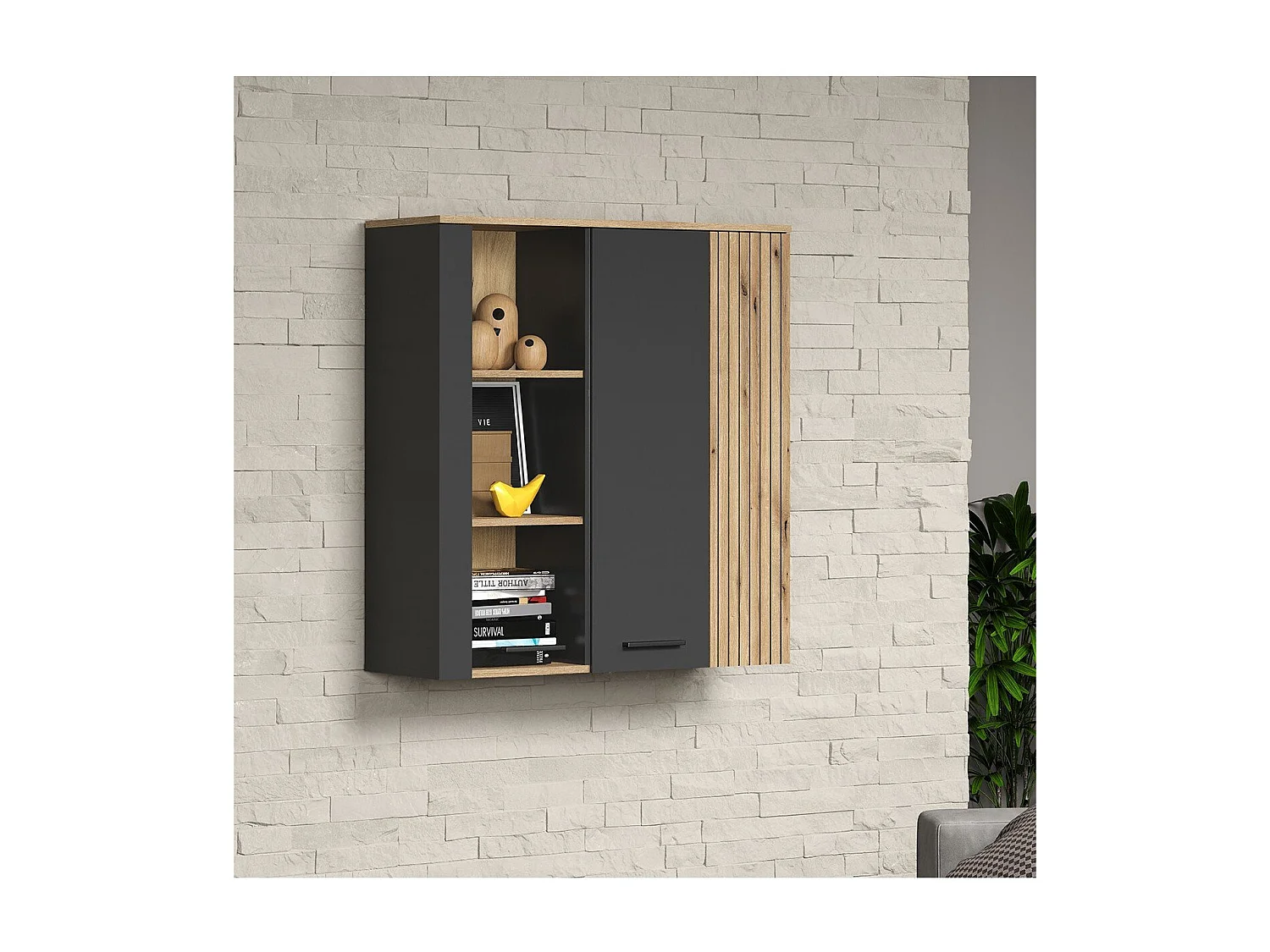 Esteban Vitrinenschrank Wandschrank grau, Eiche dekor.