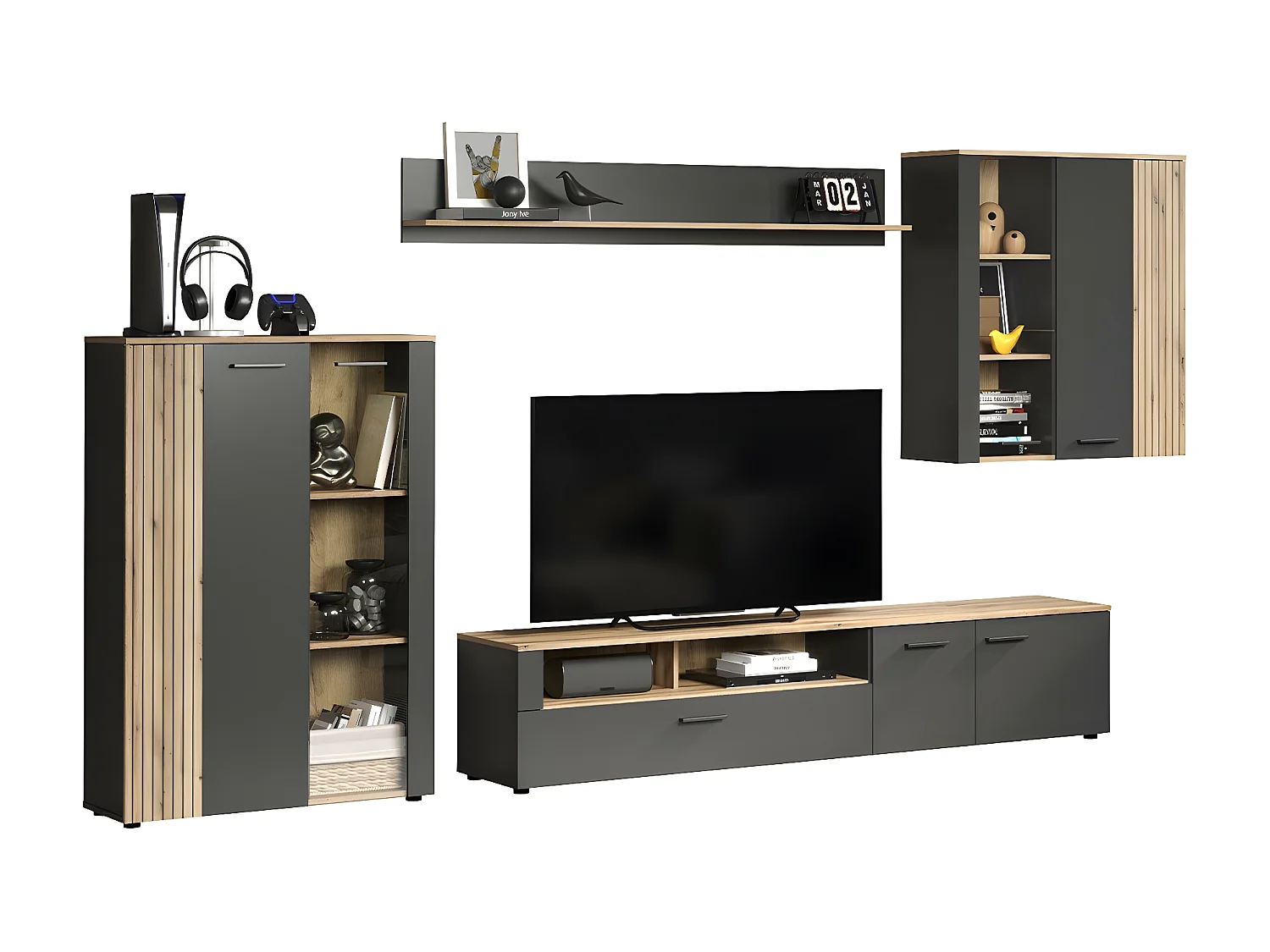 Esteban Vitrinenschrank Wandschrank grau, Eiche dekor.