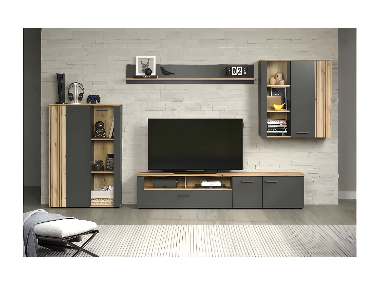 Esteban Vitrinenschrank Wandschrank grau, Eiche dekor.