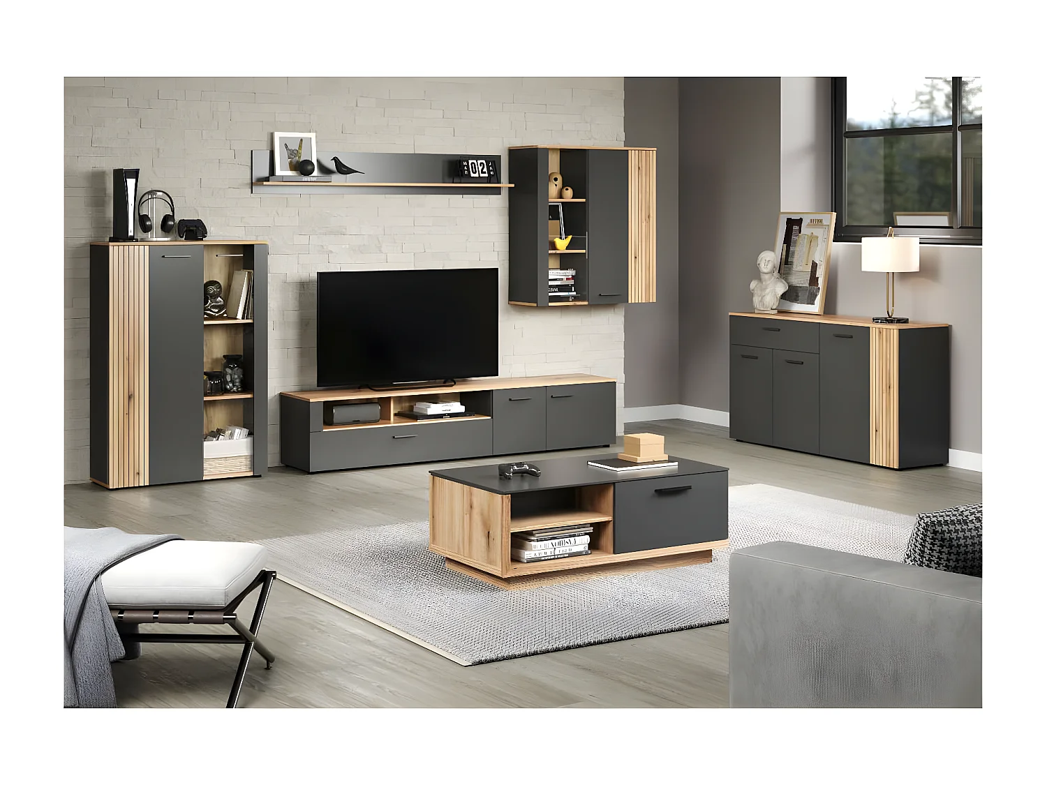 Esteban Vitrinenschrank Wandschrank grau, Eiche dekor.