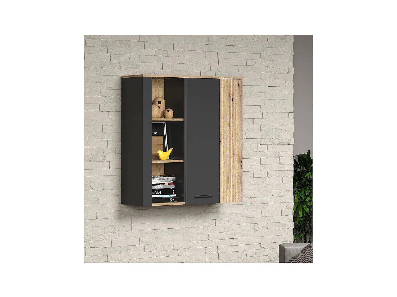 Esteban vitrinekast wandkast grijs, eik decor.