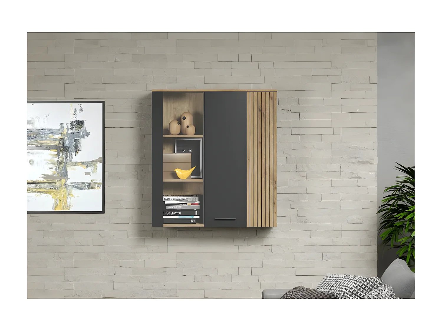 Esteban vitrinekast wandkast grijs, eik decor.