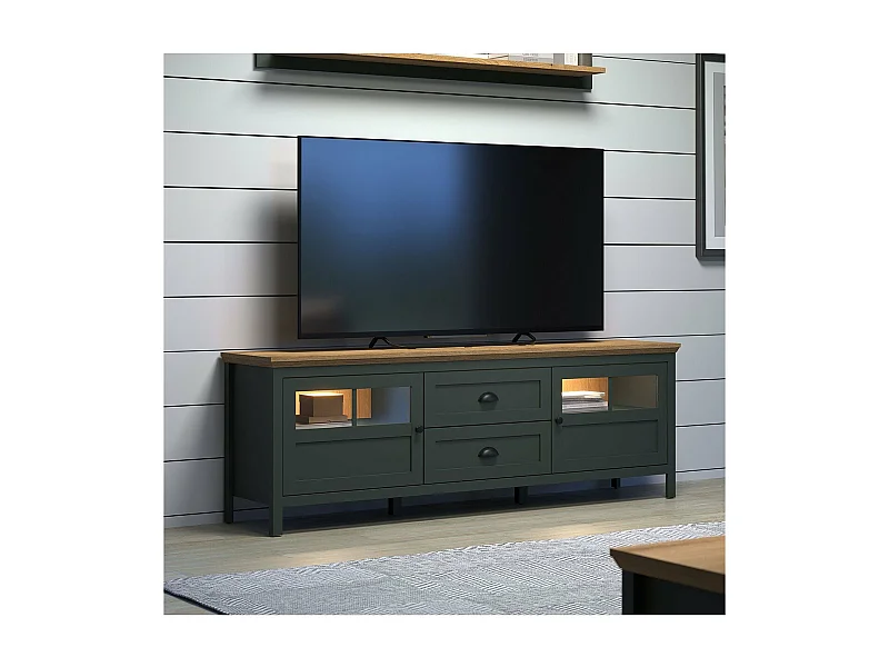 Meuble TV avec éclairage LED inclus, 2 portes et 2 tiroirs L184 cm - Stanton