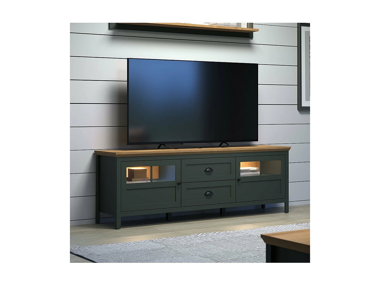 Meuble TV avec éclairage LED inclus, 2 portes et 2 tiroirs L184 cm - Stanton