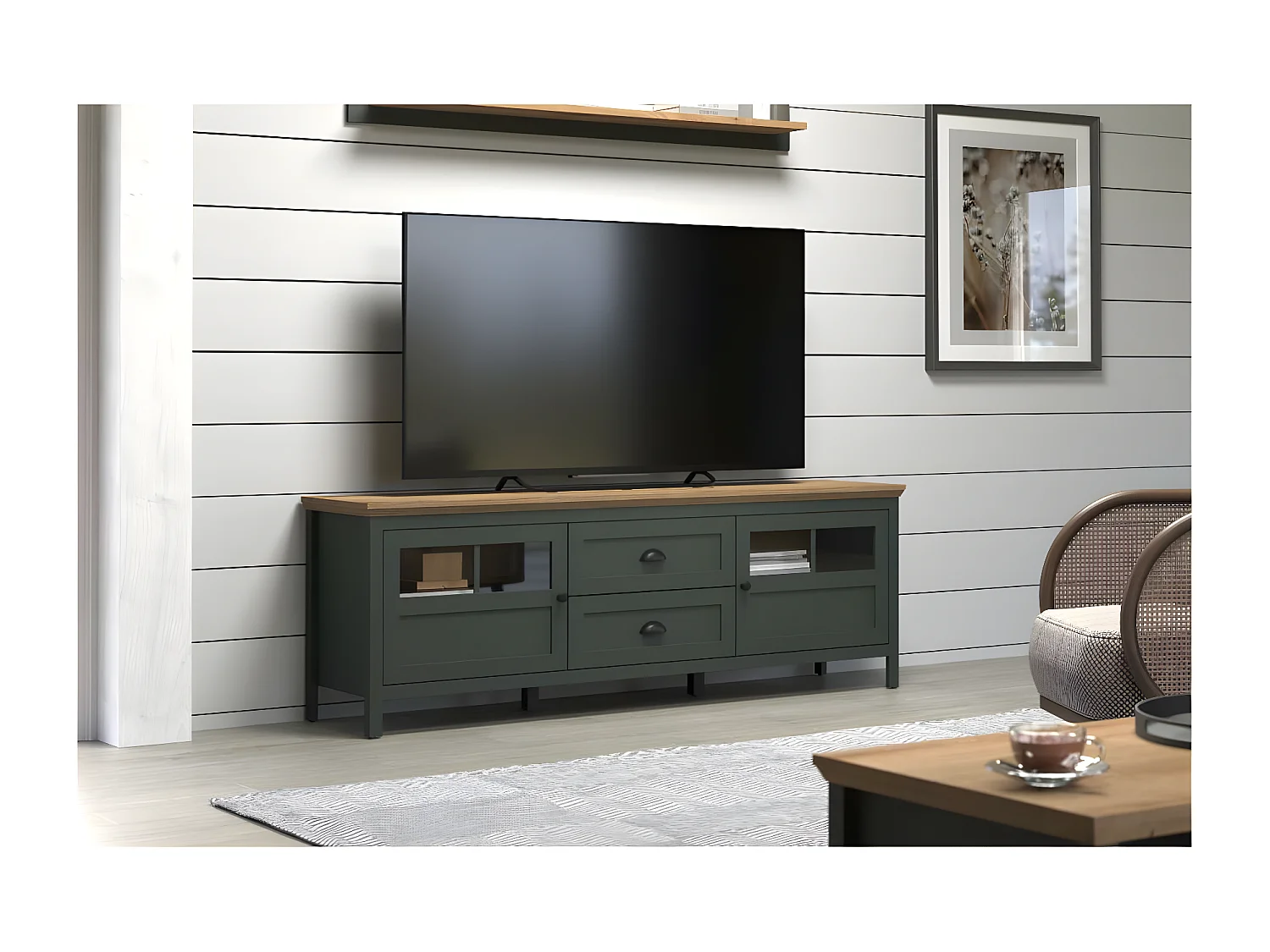 Meuble TV avec éclairage LED inclus, 2 portes et 2 tiroirs L184 cm - Stanton