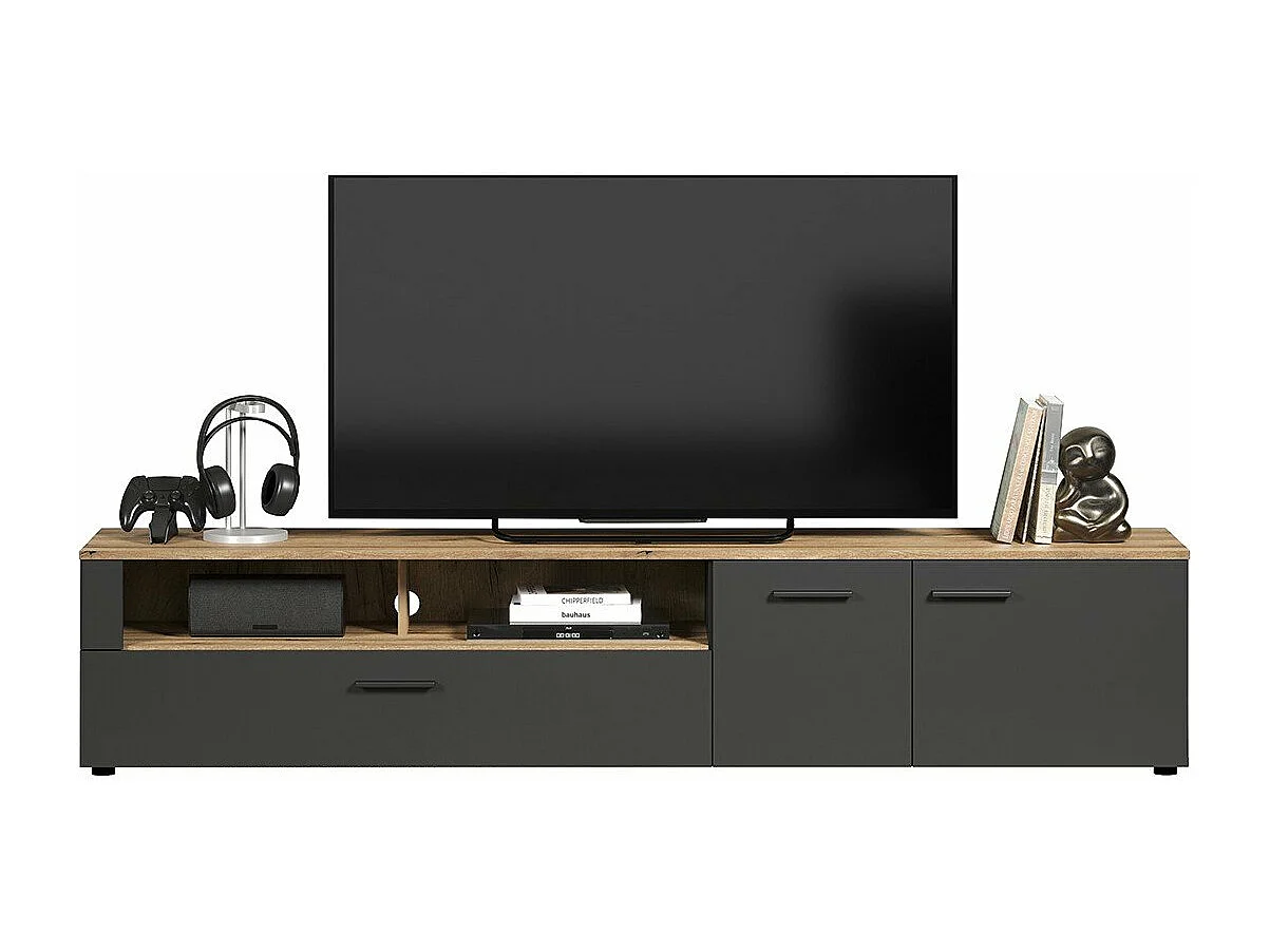 Meuble TV 2 portes, 2 niches et 1 abattant L210 cm - ESTEBAN