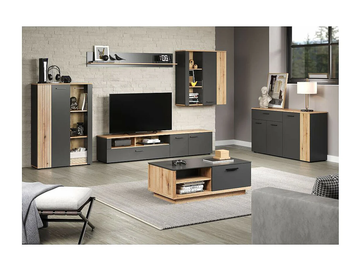 Meuble TV 2 portes, 2 niches et 1 abattant L210 cm - ESTEBAN