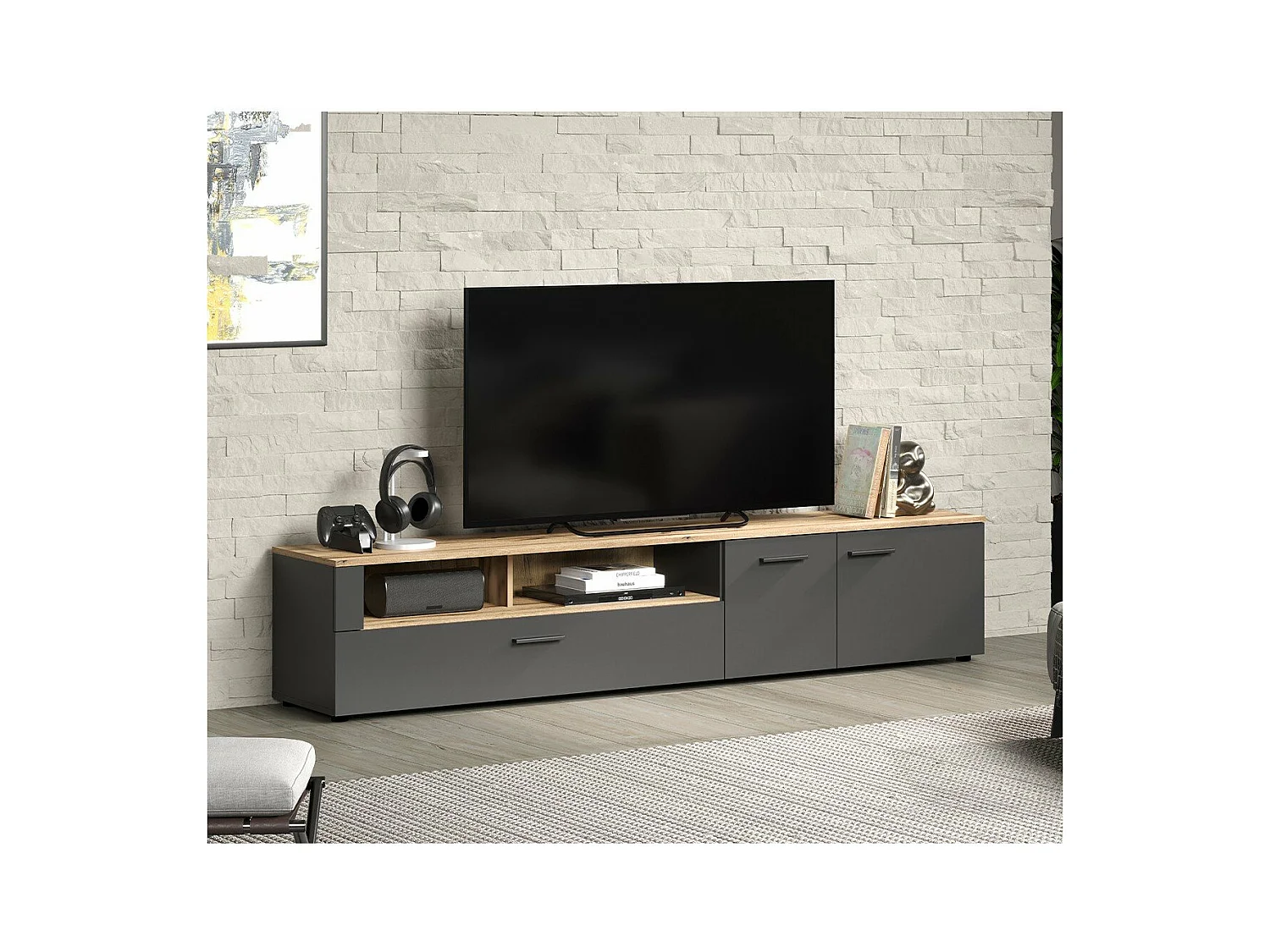 Meuble TV 2 portes, 2 niches et 1 abattant L210 cm - ESTEBAN