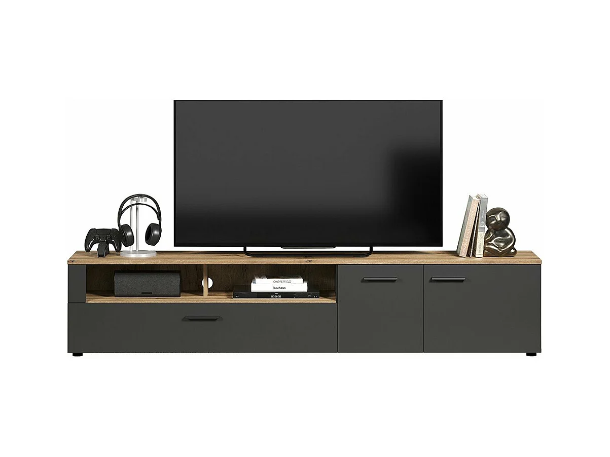 Meuble TV 2 portes, 2 niches et 1 abattant L210 cm - ESTEBAN