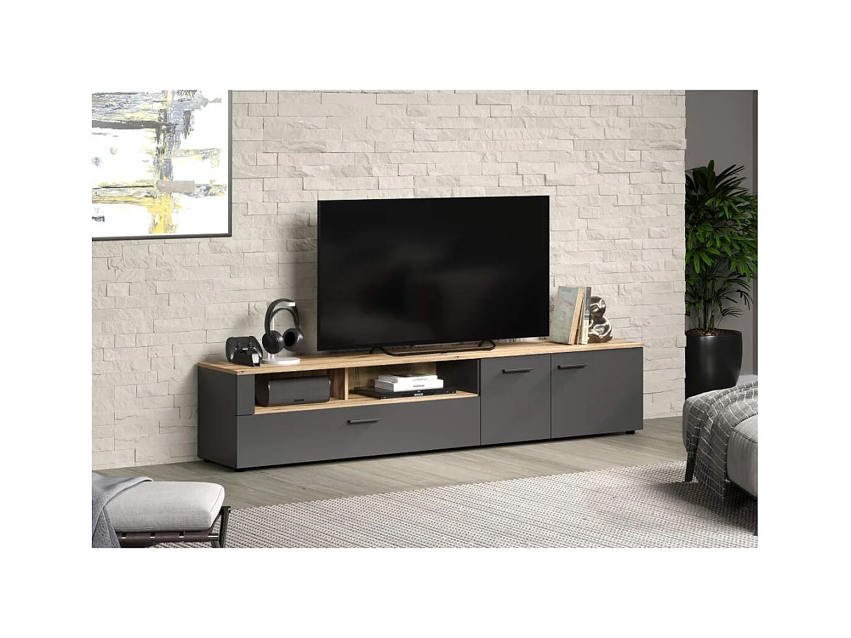 Meuble TV 2 portes, 2 niches et 1 abattant L210 cm - ESTEBAN