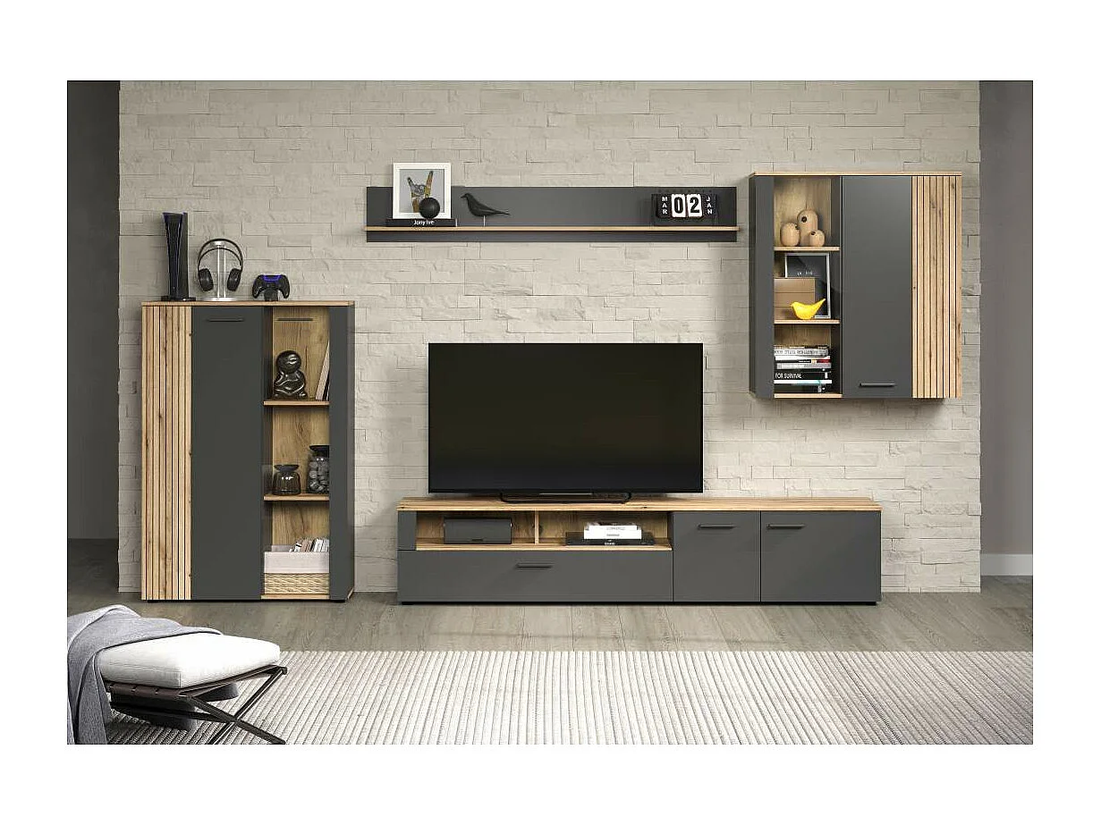 Meuble TV 2 portes, 2 niches et 1 abattant L210 cm - ESTEBAN
