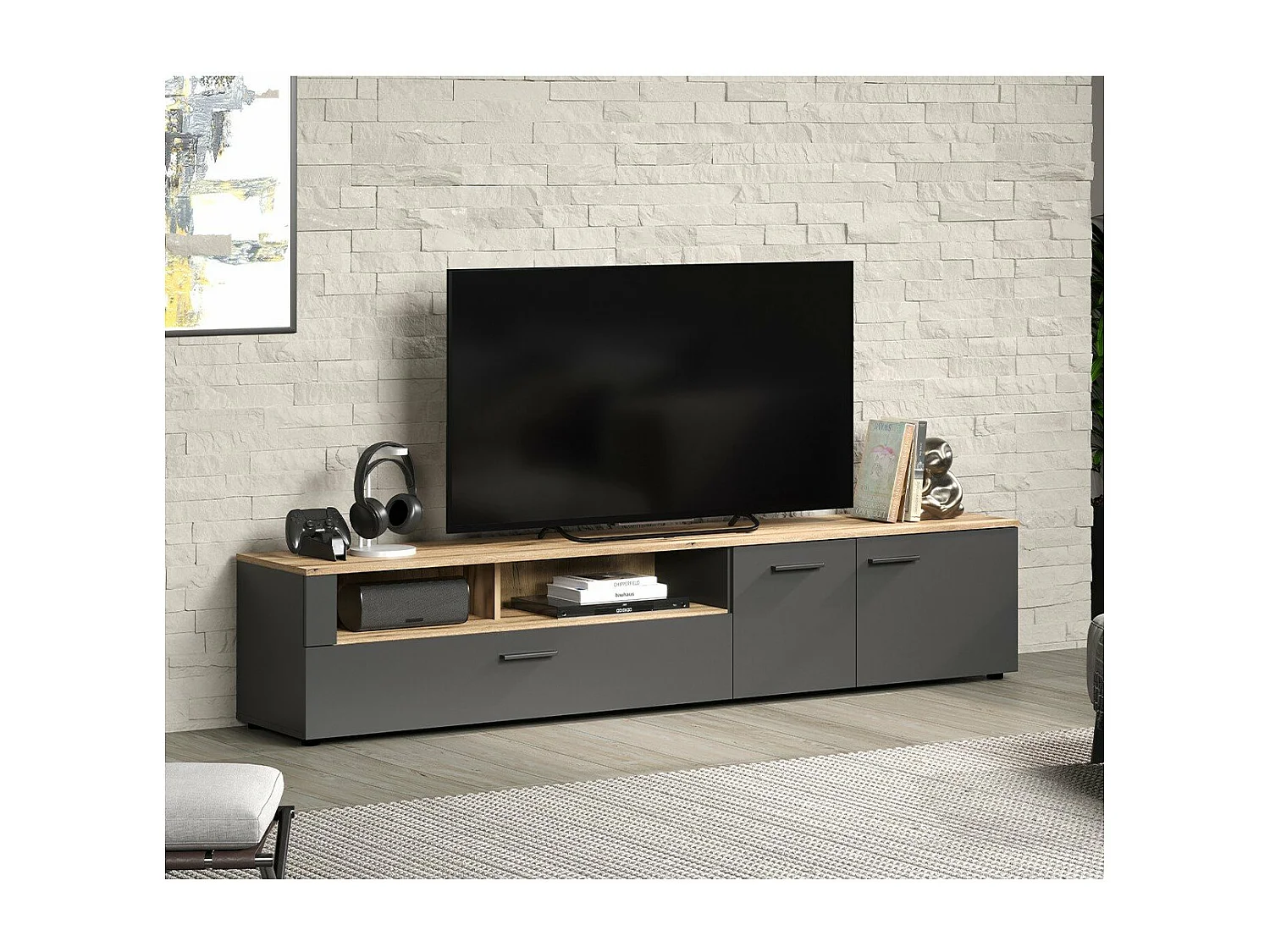 Meuble TV 2 portes, 2 niches et 1 abattant L210 cm - ESTEBAN