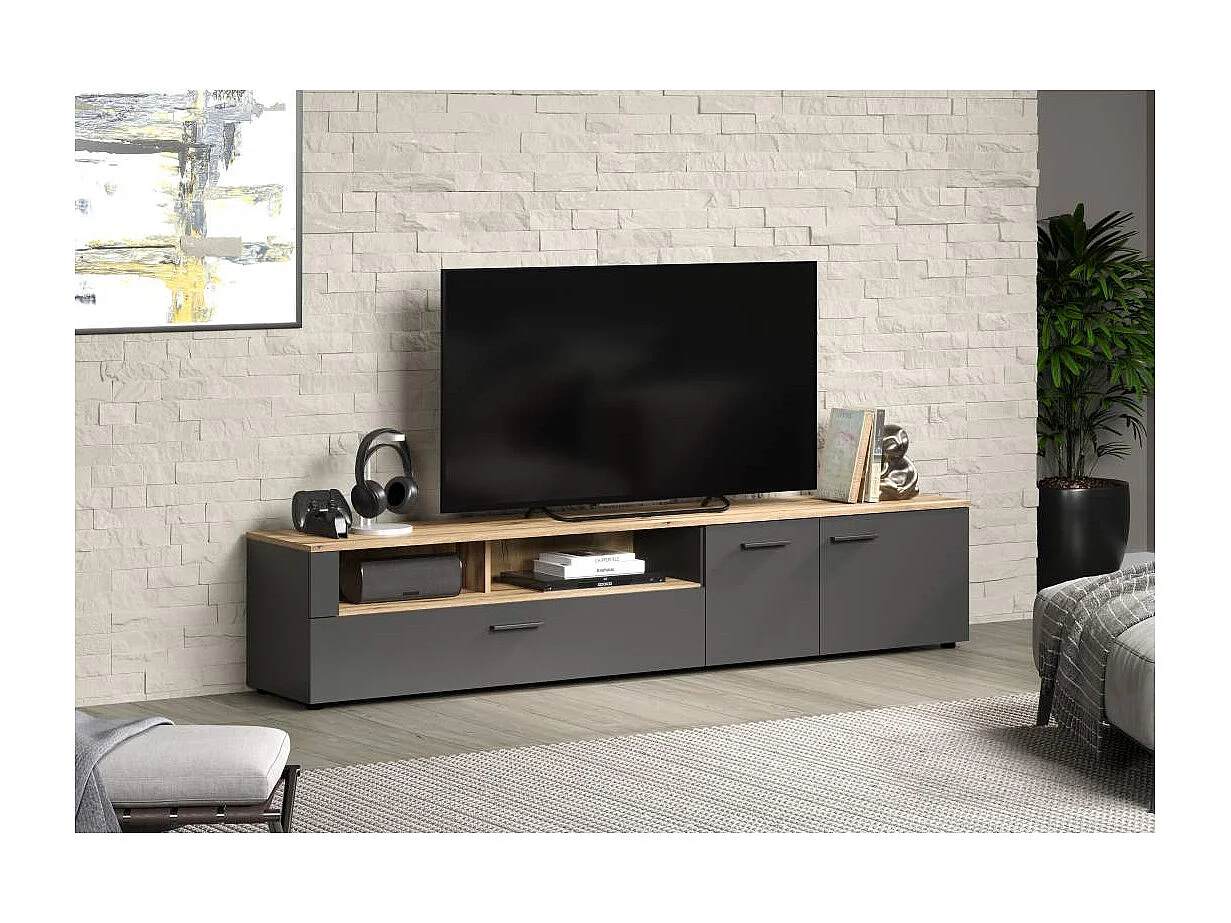 Meuble TV 2 portes, 2 niches et 1 abattant L210 cm - ESTEBAN