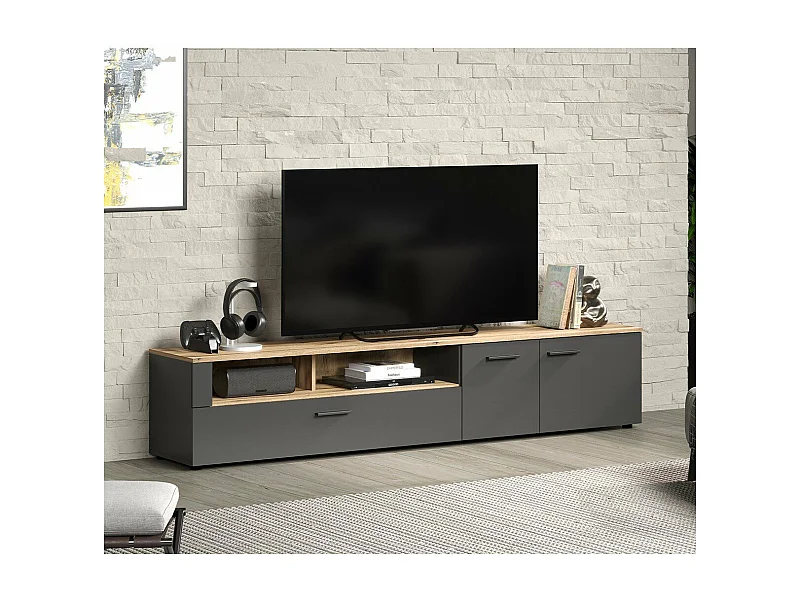 Meuble TV 2 portes, 2 niches et 1 abattant L210 cm - ESTEBAN