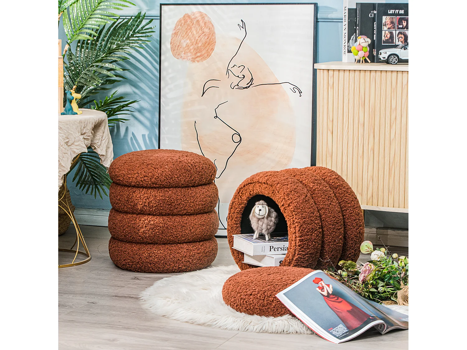 Pouf en bouclettes terracotta style scandinave