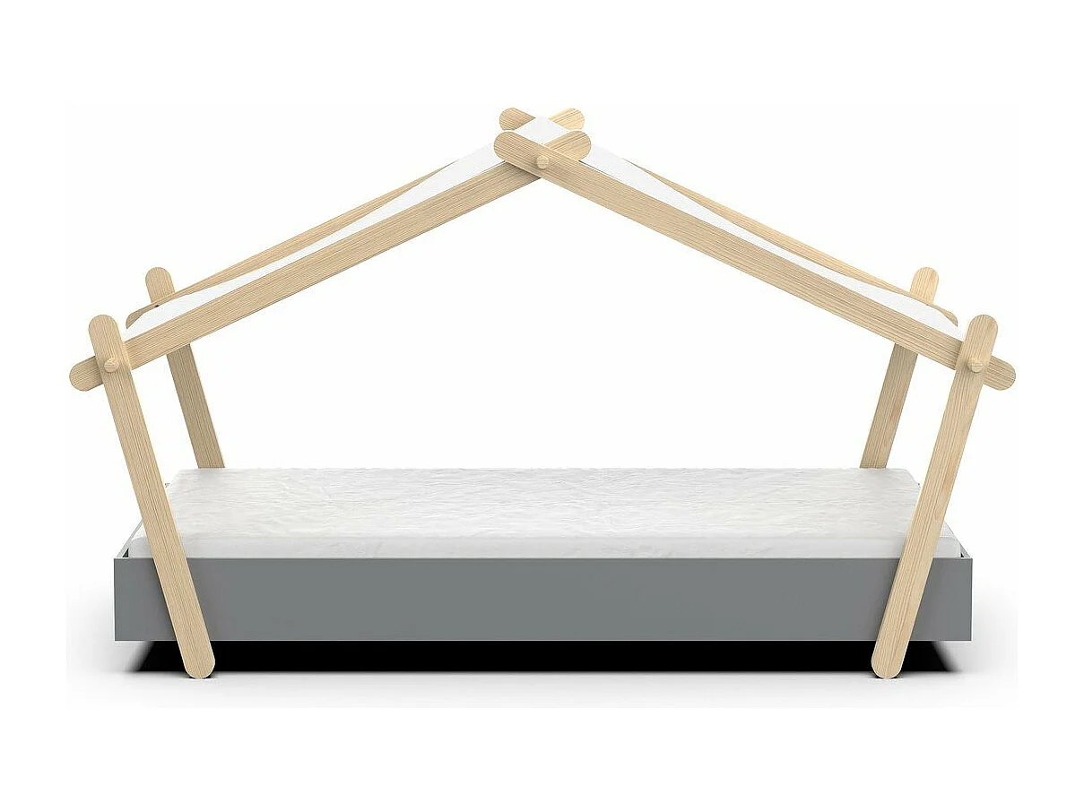 Cama casita infantil 90x200 cm LODGE con somier de lamas, techo de tela ignífuga, MDF lacado, colores crudo o gris