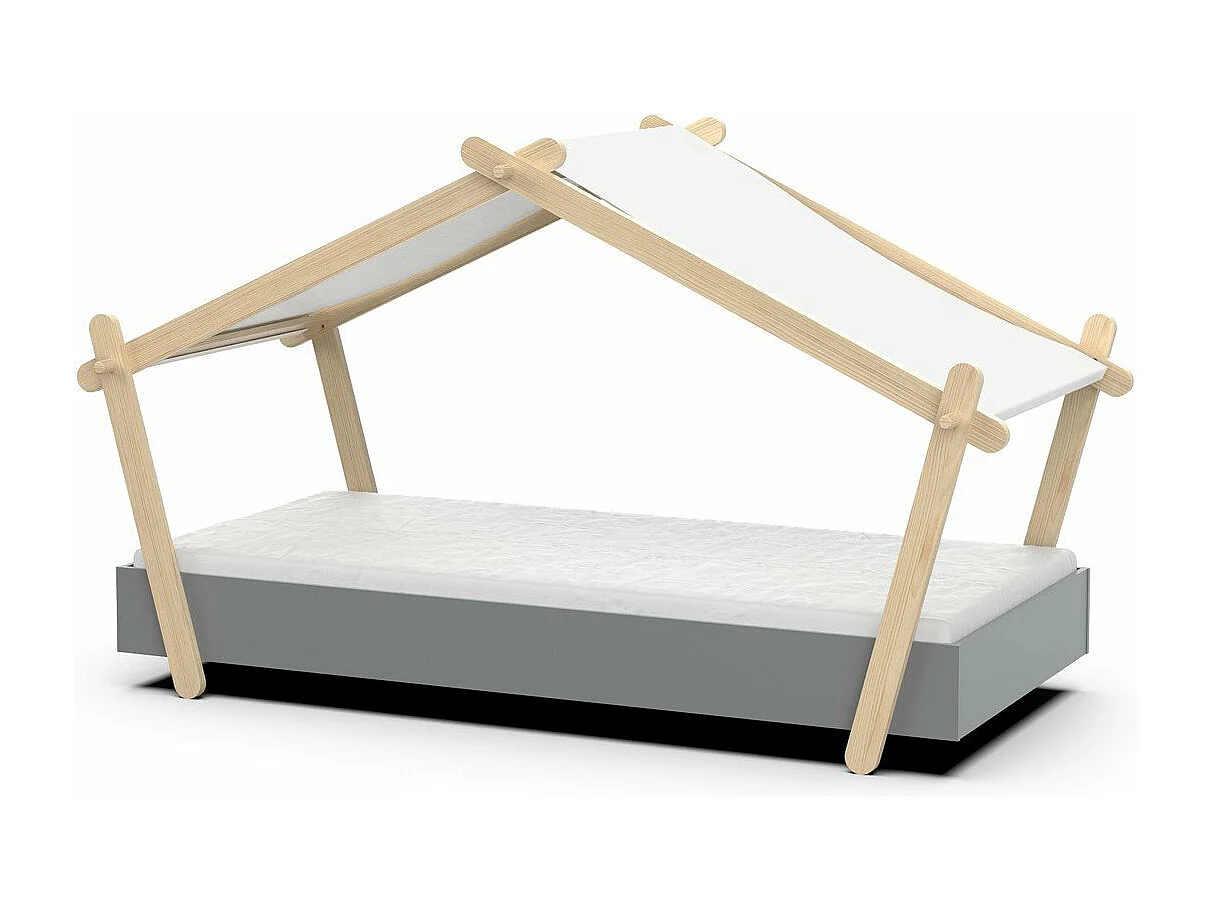 Cama casita infantil 90x200 cm LODGE con somier de lamas, techo de tela ignífuga, MDF lacado, colores crudo o gris