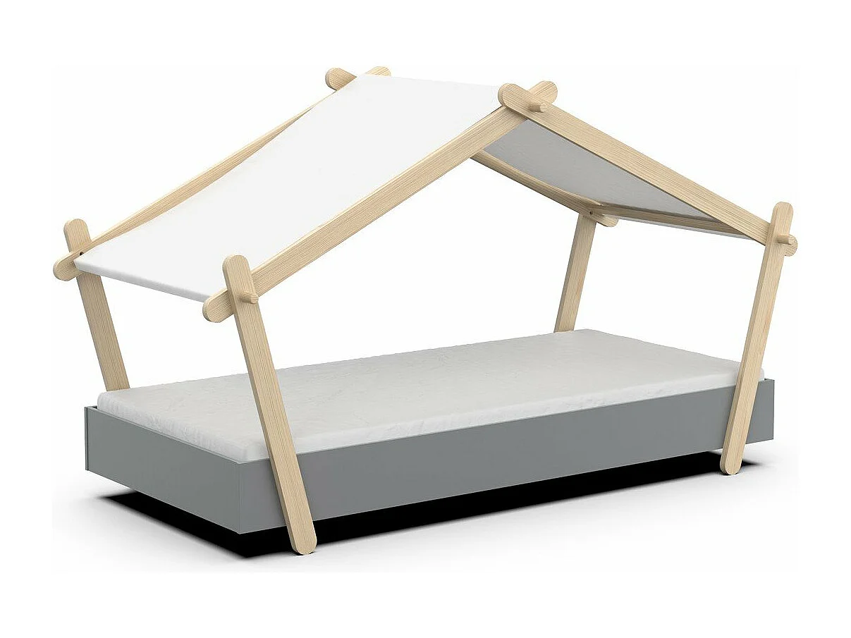 Cama casita infantil 90x200 cm LODGE con somier de lamas, techo de tela ignífuga, MDF lacado, colores crudo o gris
