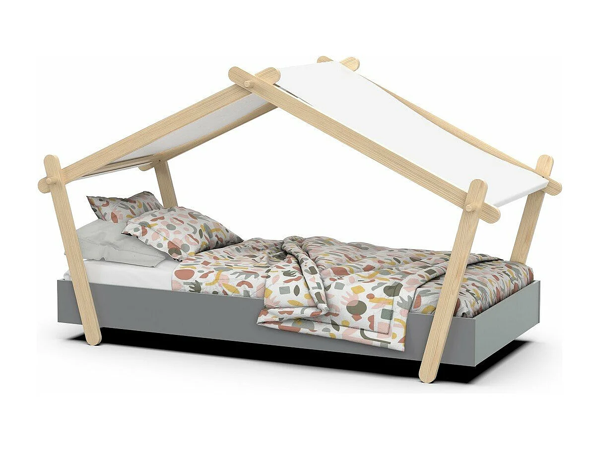 Cama casita infantil 90x200 cm LODGE con somier de lamas, techo de tela ignífuga, MDF lacado, colores crudo o gris
