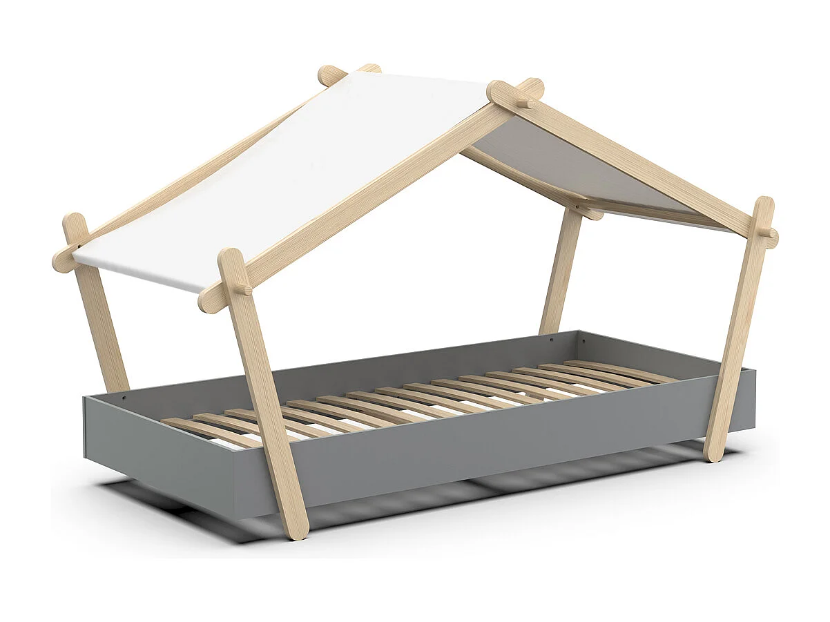 Cama casita infantil 90x200 cm LODGE con somier de lamas, techo de tela ignífuga, MDF lacado, colores crudo o gris