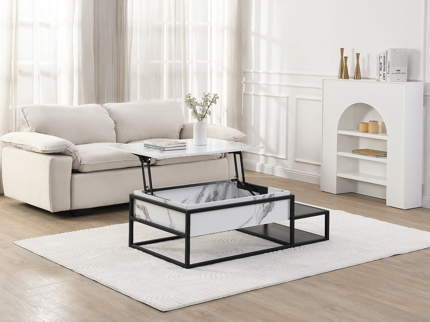 Mesa de centro con tapa elevable de MDF y metal - Efecto mármol blanco y negro - LUTESA