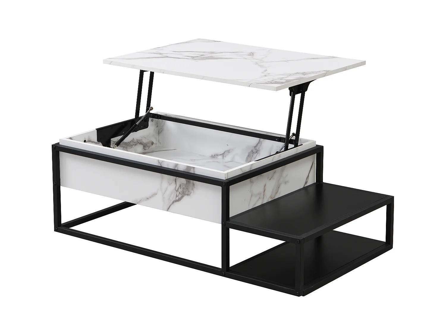 Mesa de centro con tapa elevable de MDF y metal - Efecto mármol blanco y negro - LUTESA