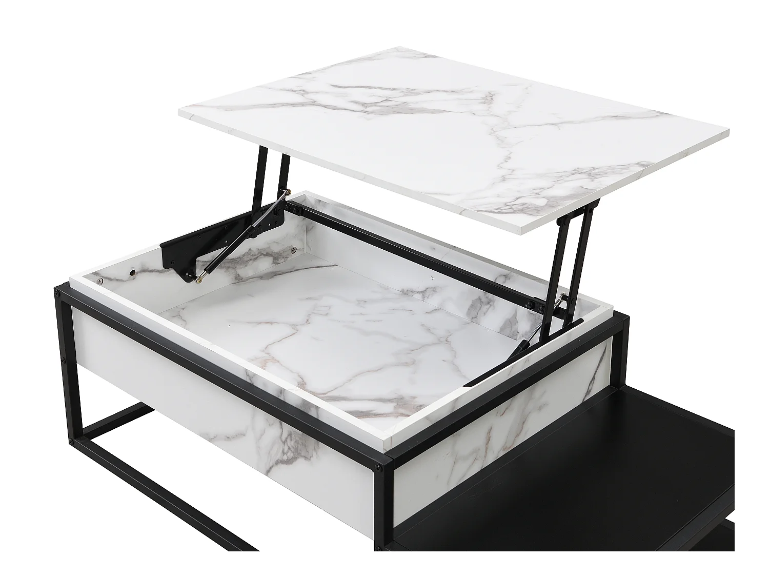 Mesa de centro con tapa elevable de MDF y metal - Efecto mármol blanco y negro - LUTESA