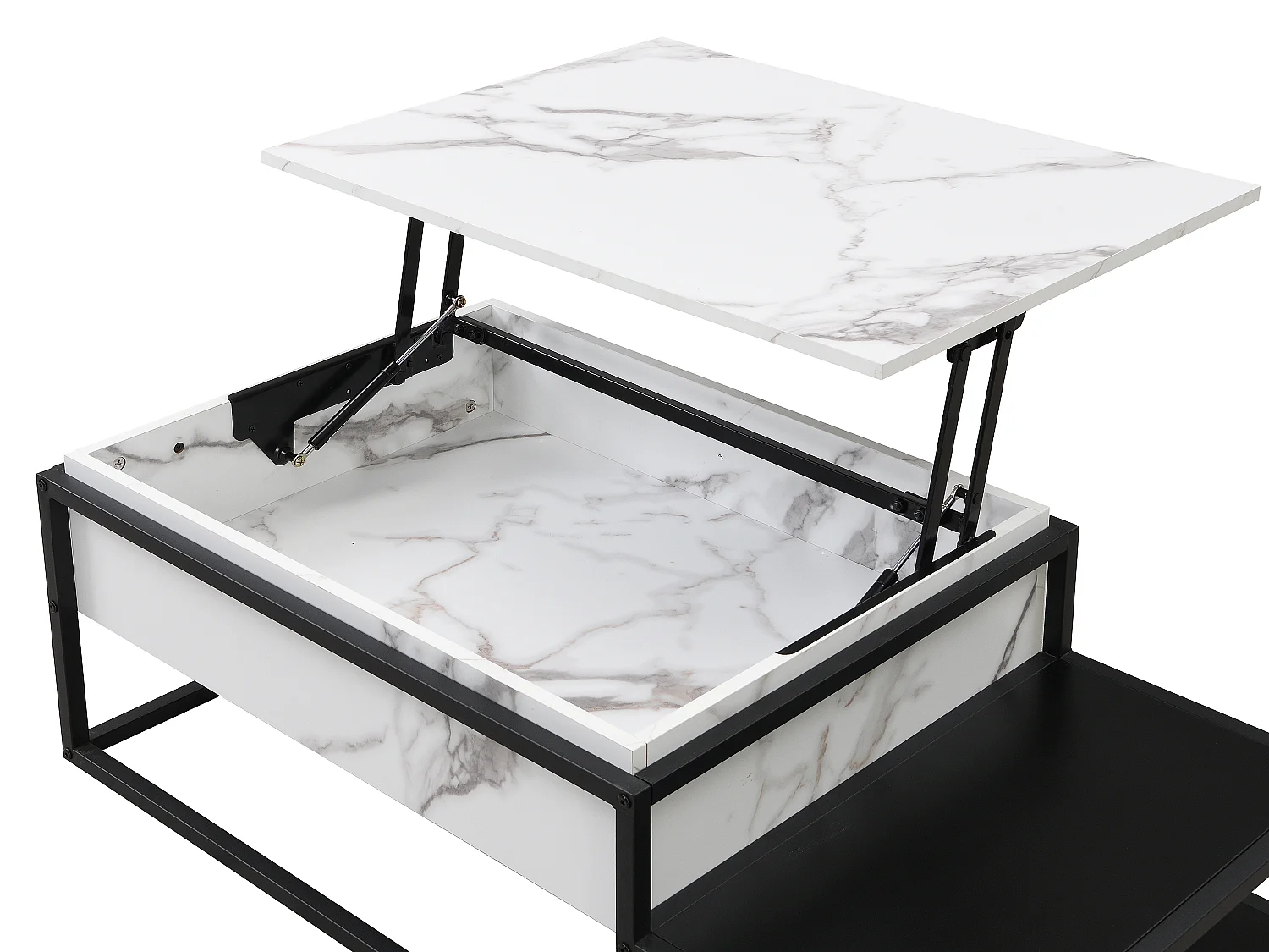 Table basse avec plateau relevable en MDF et métal -  Effet marbre blanc et noir - LUTESA