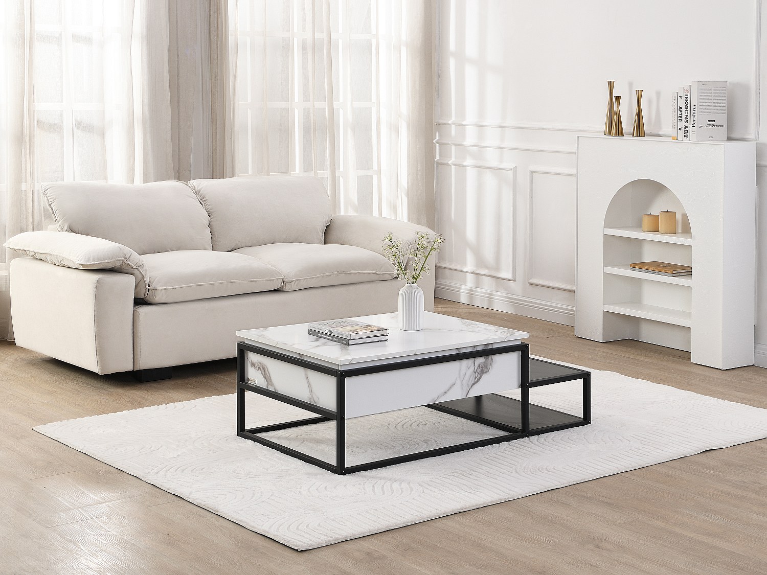 Couchtisch höhenverstellbar - MDF & Metall - Marmor-Optik Weiß & Schwarz - günstig online kaufen