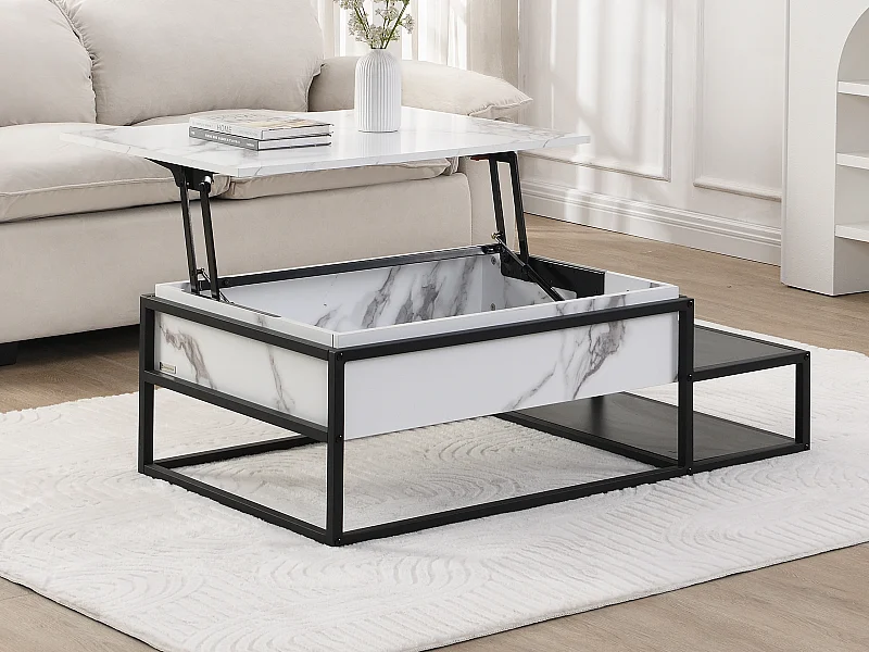 Table basse avec plateau relevable en MDF et métal -  Effet marbre blanc et noir - LUTESA