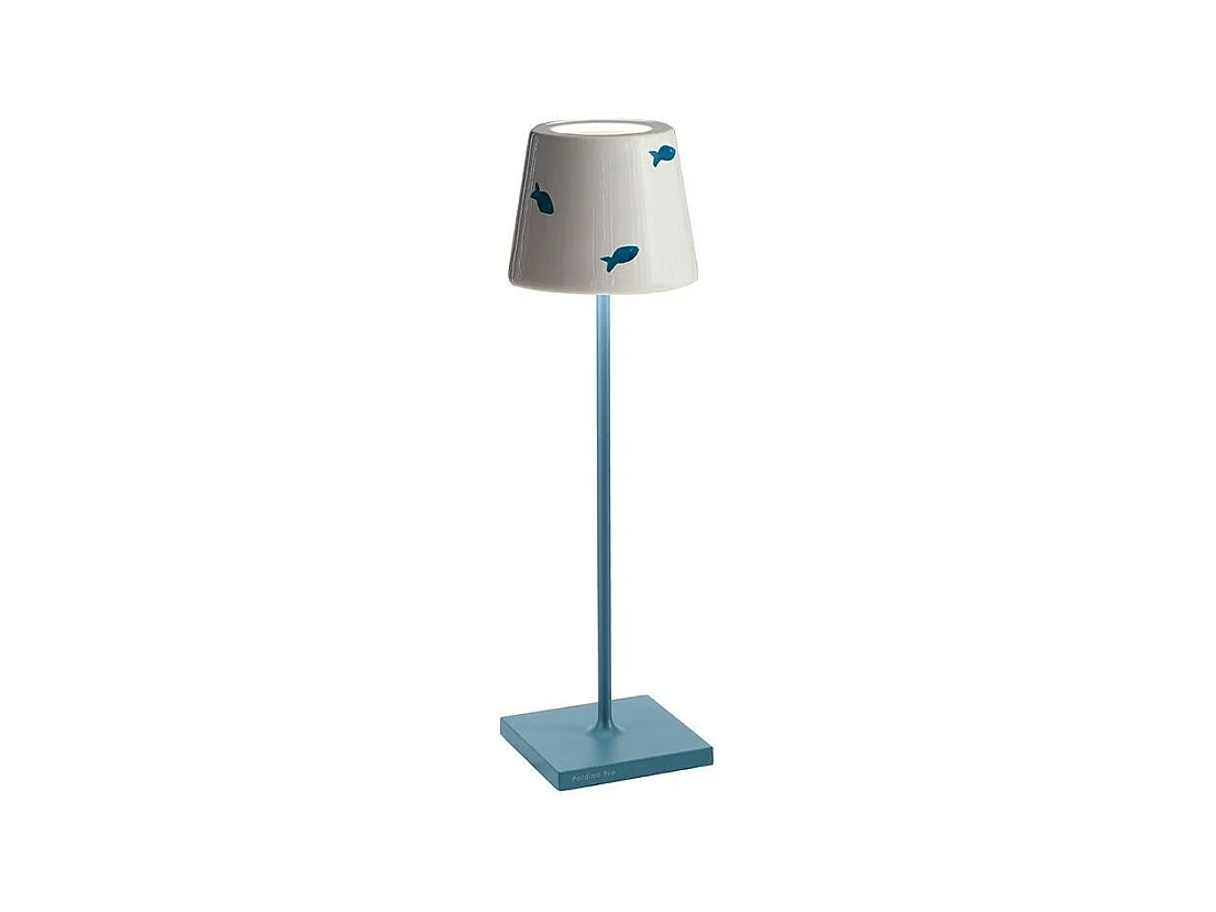 Poldina Lido blauwe vis LED tafellamp, oplaadbaar en dimbaar met batterijduur tot 12 uur. Voor buitengebruik IP65