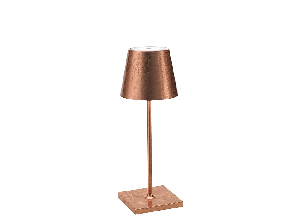 Luminária de mesa LED Poldina Pro Mini Copper Leaf, recarregável e regulável, com duração de bateria de até 12 horas.