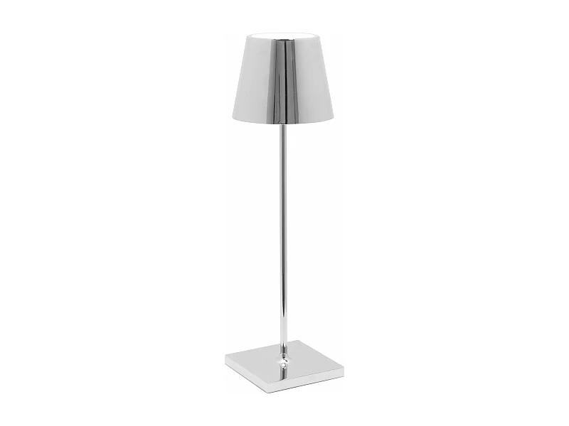 Lampe de table LED Poldina Pro en chrome poli, rechargeable et dimmable avec une autonomie allant jusqu'à 12 heures