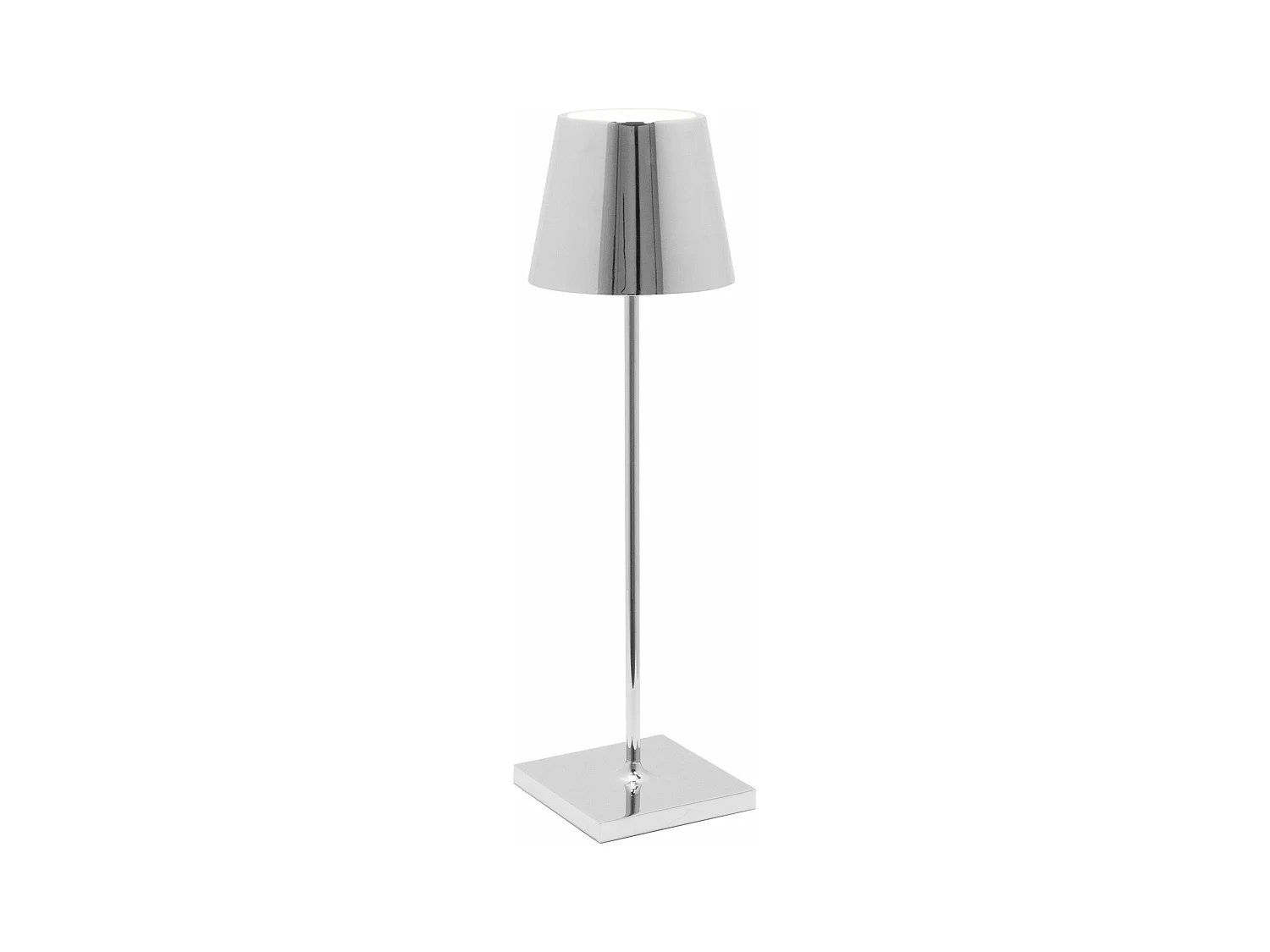Lampe de table LED Poldina Pro en chrome poli, rechargeable et dimmable avec une autonomie allant jusqu'à 12 heures