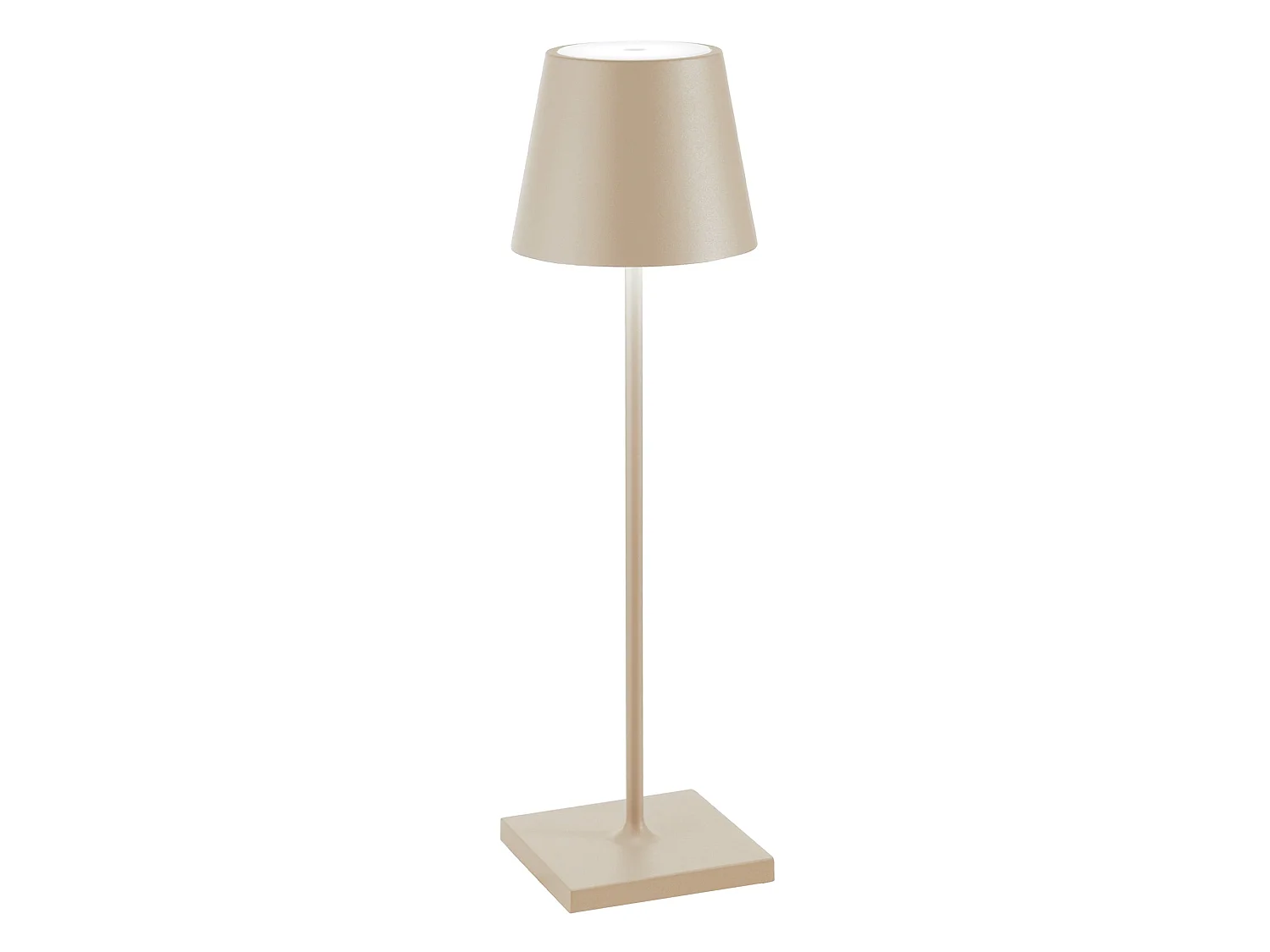 Lampa stołowa LED Poldina Pro Sand, ładowalna i ściemnialna, z czasem pracy na baterii do 12 godzin.