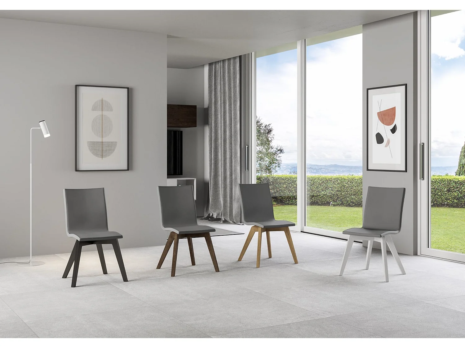 Trudy Stuhl, weiße Beine, graues Kissen 11