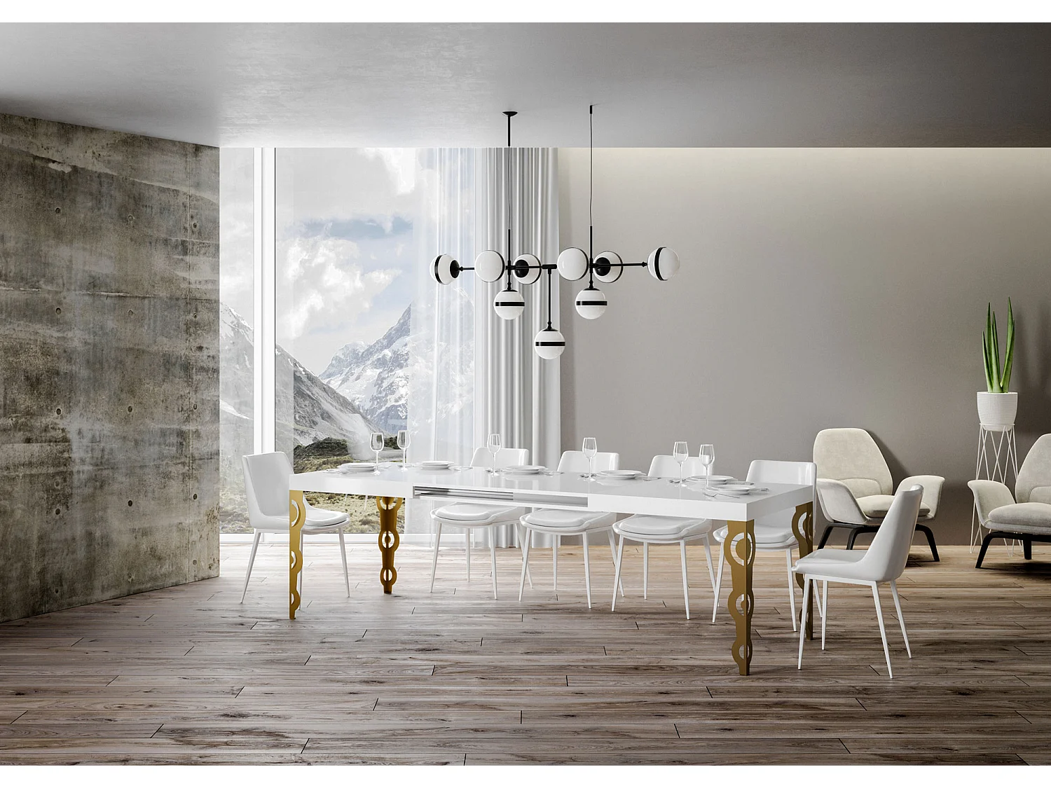 Stół rozkładany 90x130/390 cm Rama z jesionu białego karamay w kolorze złotym